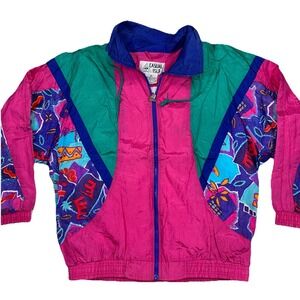 Vintage Casual Isle Nylon Windbreaker Bright Geometric‎ Full Zip Women's M